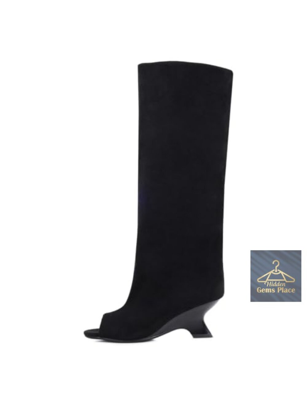 Women's Faux Suede Open Toe Knee High Slouchy Wedge Boots